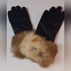 WOMEN'S TAN FUR CUFF LEATHER,  GLOVES , BLACK,SIZE SMALL